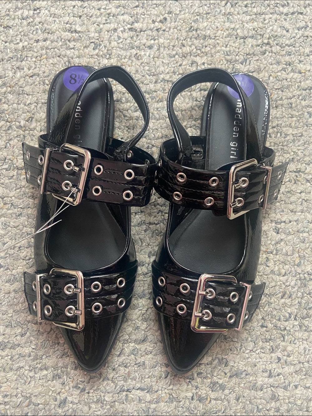 Madden Girl Black Patent Pointed Buckle Slingback Mules